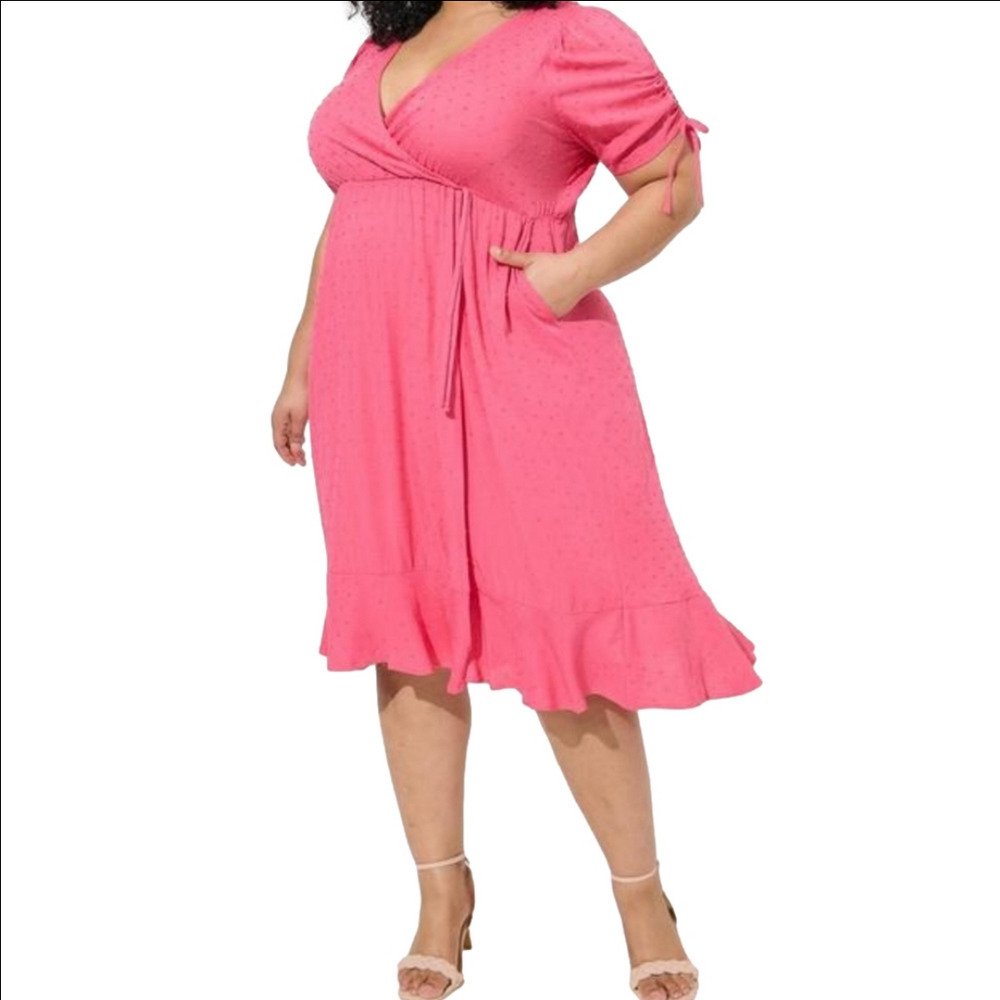 Torrid Surplice Midi Dress Size 1 Pink Lightweight Pockets Cottagecore Prairie